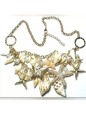 Gold Chain Bib Ocean Shell Starfish Pearl Charms Beaded